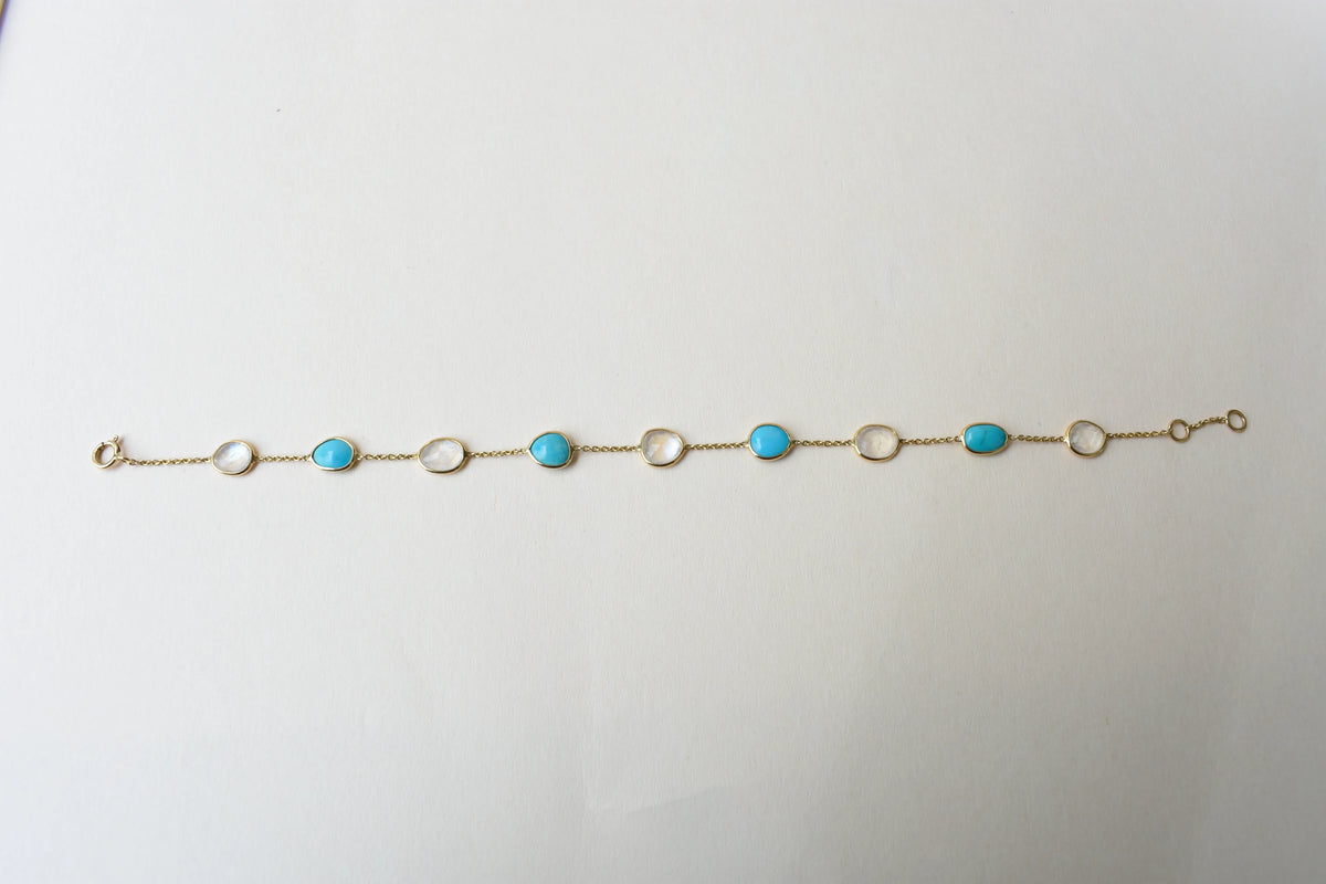 18K gold bracelet with moonstone and turquoise stations