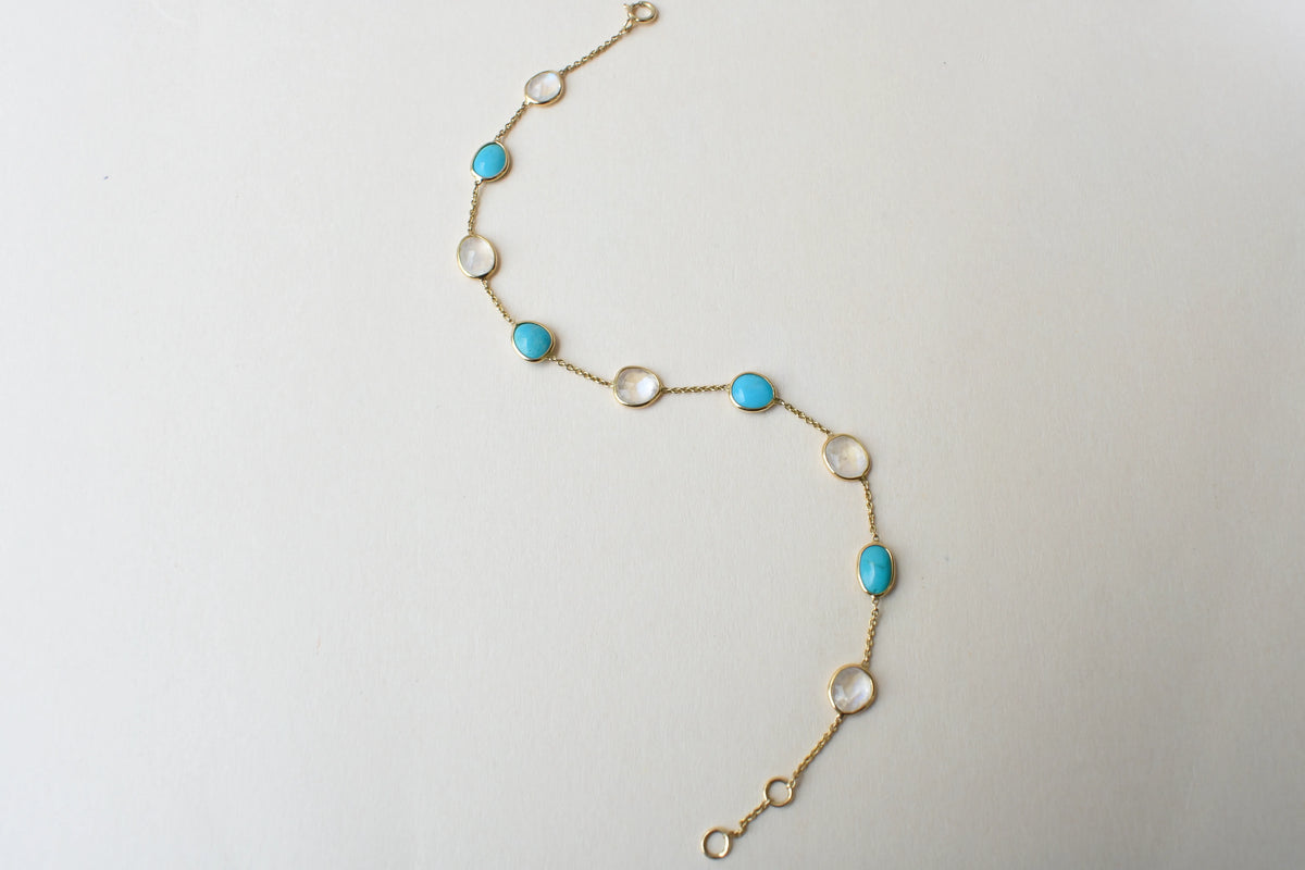 18K gold bracelet with moonstone and turquoise stations