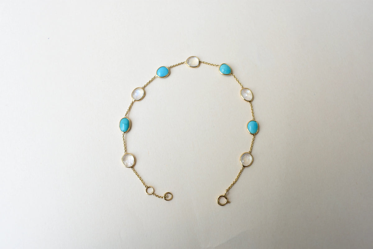 18K gold bracelet with moonstone and turquoise stations