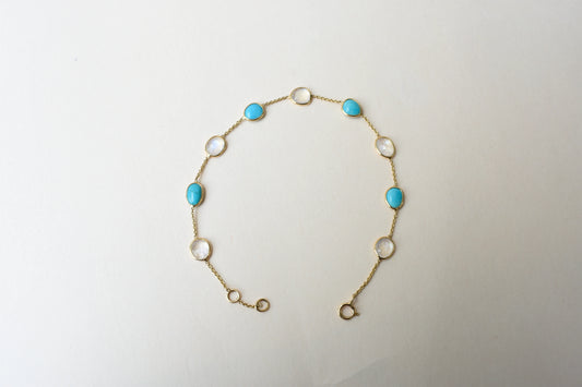 18K gold bracelet with moonstone and turquoise stations