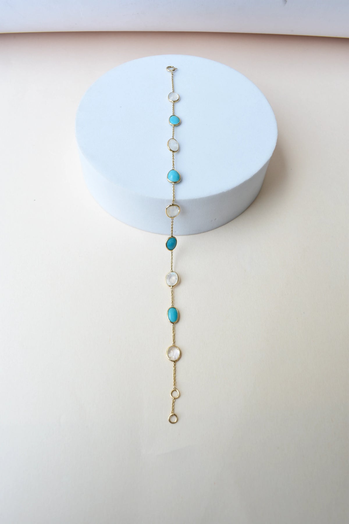 18K gold bracelet with moonstone and turquoise stations