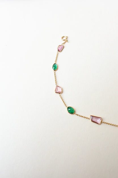 18K gold bracelet with emerald and pink sapphire stations