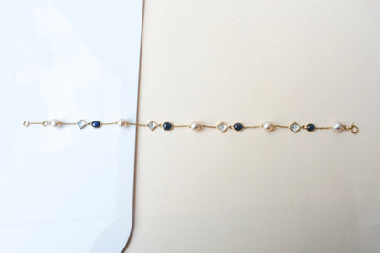 14K gold bracelet with pearls, blue sapphire and aquamarine stations