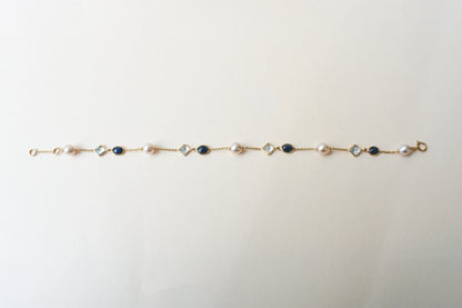 14K gold bracelet with pearls, blue sapphire and aquamarine stations