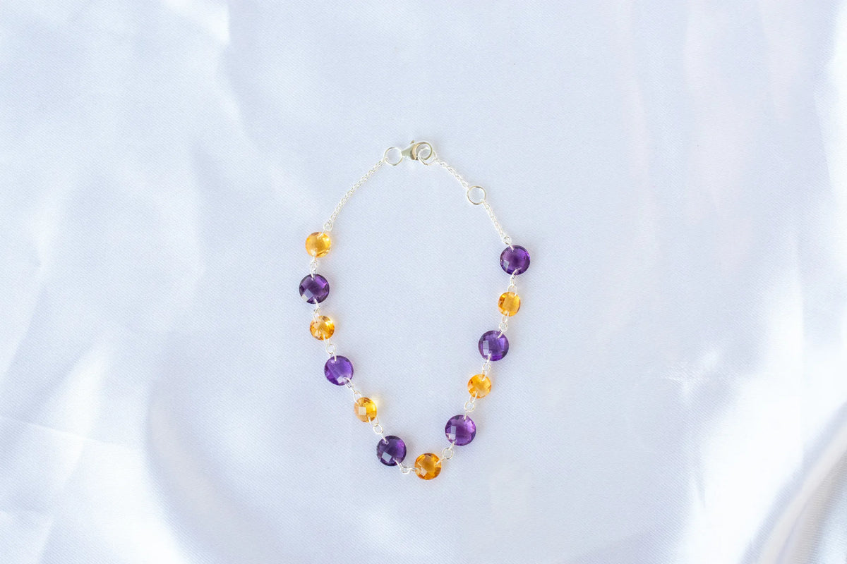 Amethyst and Citrine Faceted Bead Bracelet in 925 Silver — Handmade Gemstone Jewelry