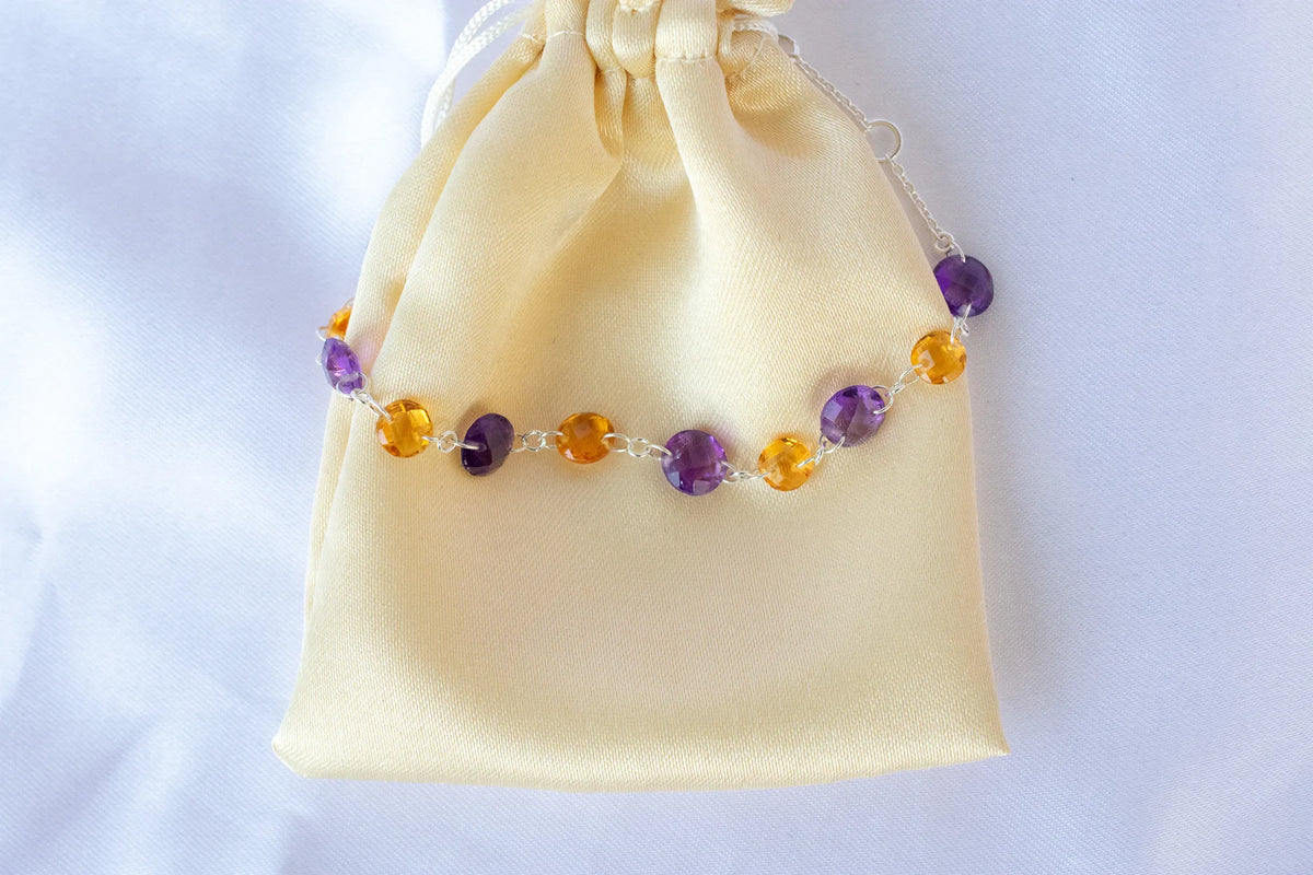 Amethyst and Citrine Faceted Bead Bracelet in 925 Silver — Handmade Gemstone Jewelry