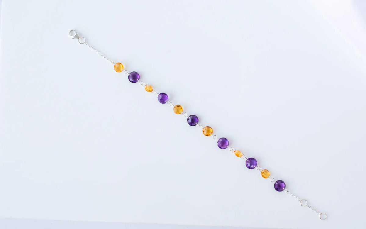 Amethyst and Citrine Faceted Bead Bracelet in 925 Silver — Handmade Gemstone Jewelry