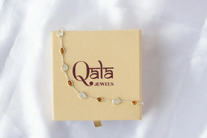 925 silver bracelet with bezel-set rainbow moonstone and citrine stones by the yard