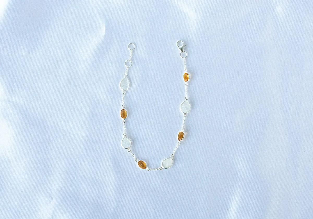925 silver bracelet with bezel-set rainbow moonstone and citrine stones by the yard