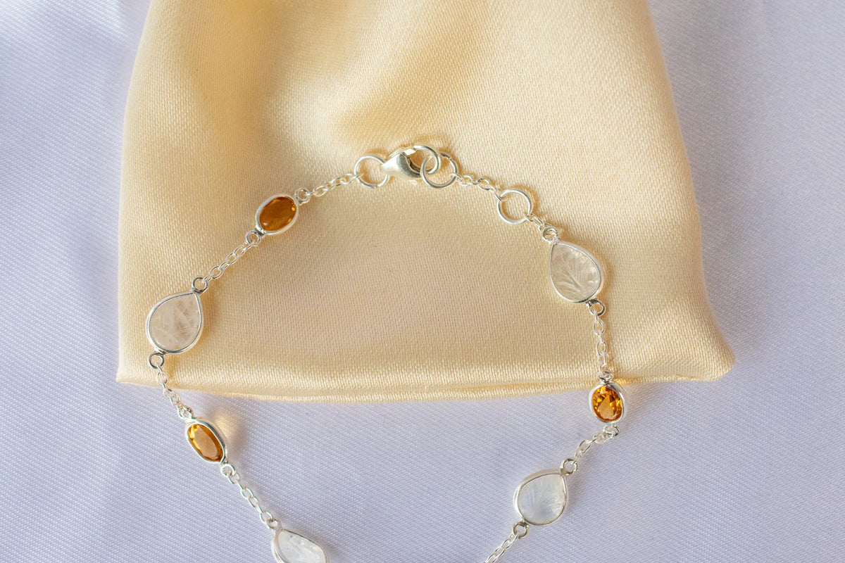 925 silver bracelet with bezel-set rainbow moonstone and citrine stones by the yard