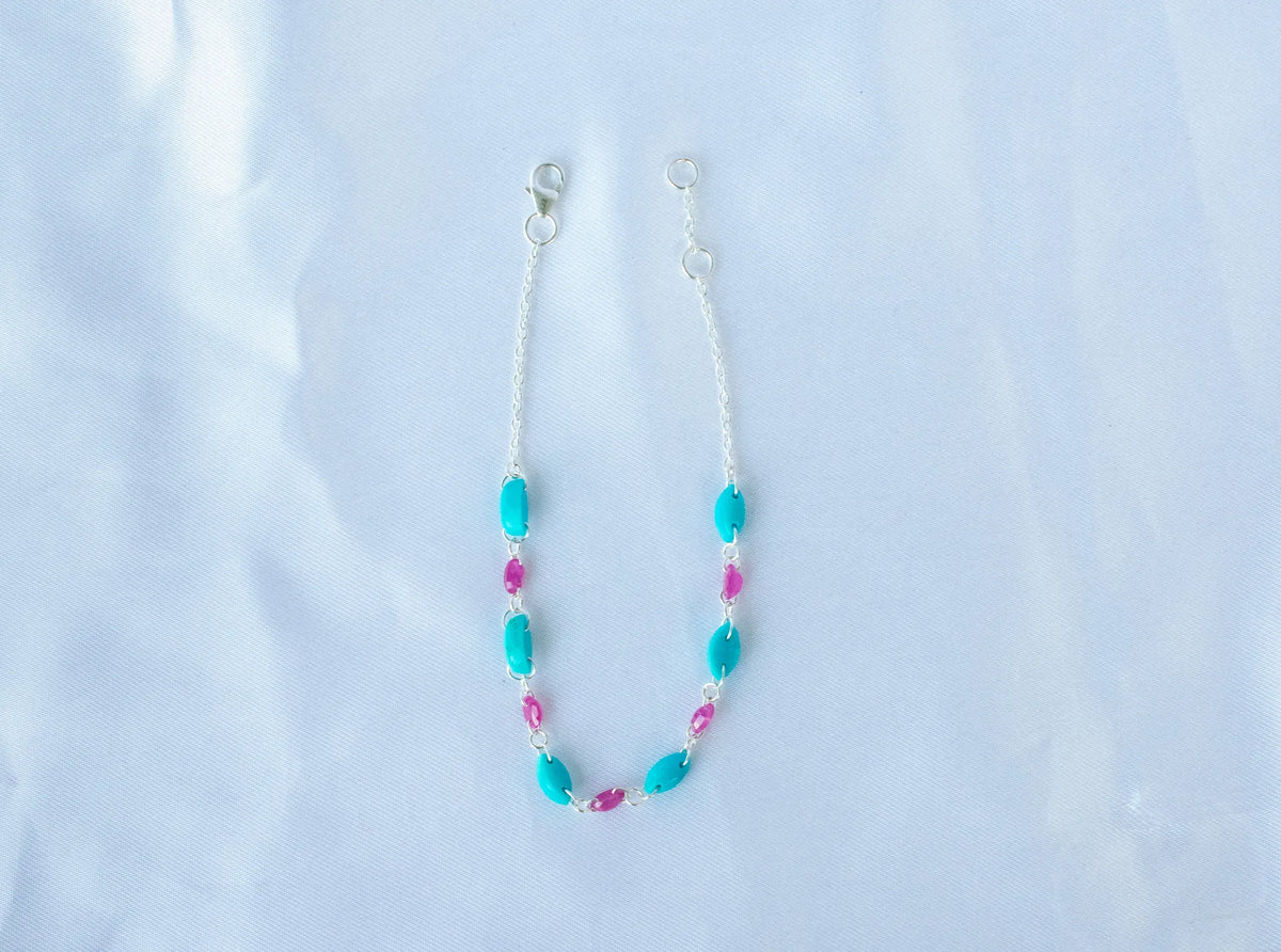 925 silver link bracelet with marquise-cut ruby and turquoise beads