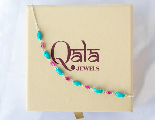 925 silver link bracelet with marquise-cut ruby and turquoise beads