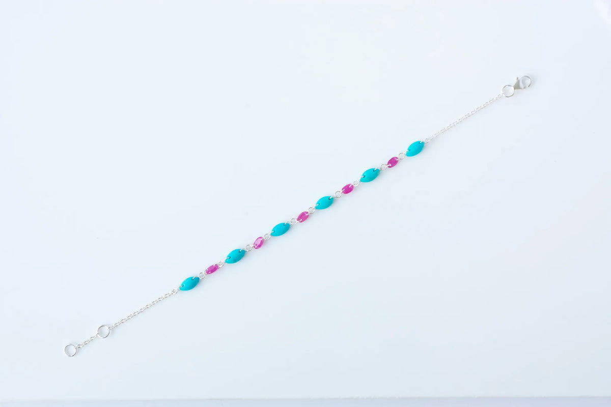 925 silver link bracelet with marquise-cut ruby and turquoise beads