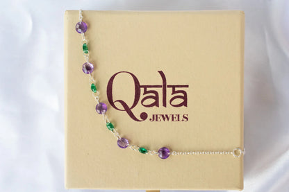 925 silver bracelet with alternating faceted amethyst and emerald beads