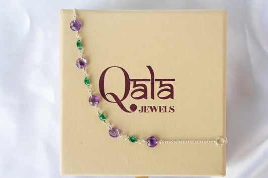 925 silver bracelet with alternating faceted amethyst and emerald beads