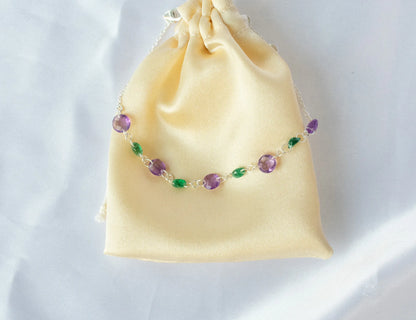 925 silver bracelet with alternating faceted amethyst and emerald beads