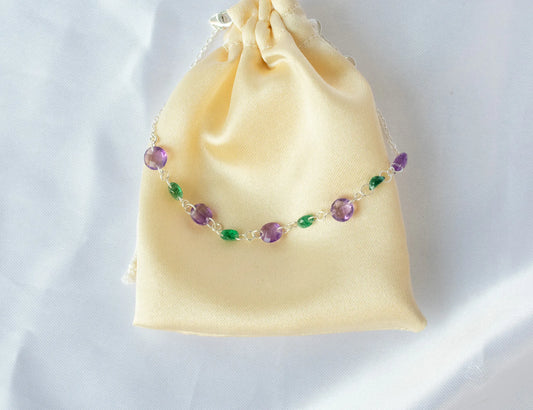 925 silver bracelet with alternating faceted amethyst and emerald beads