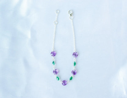 925 silver bracelet with alternating faceted amethyst and emerald beads