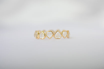 Heart-cut rainbow moonstone gemstone eternity ring in 18K gold with bezel setting