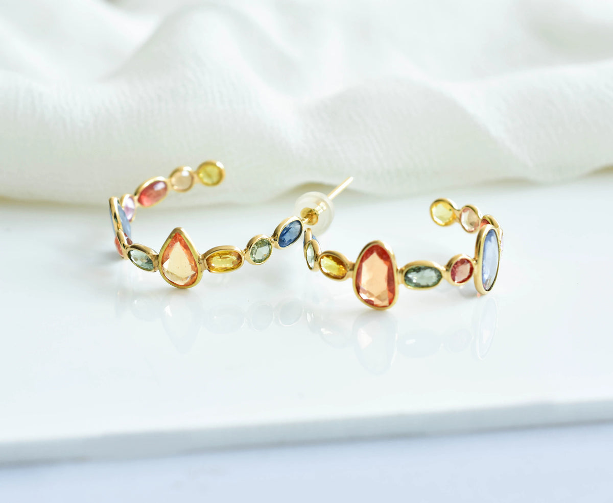 18K gold hoop earrings with graduated multi-color sapphires