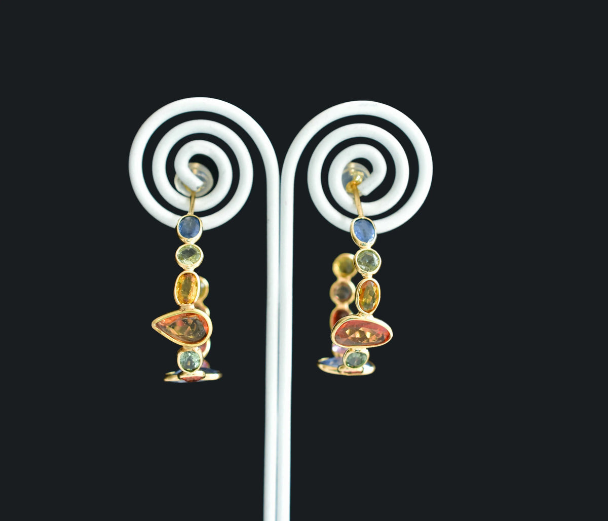 18K gold hoop earrings with graduated multi-color sapphires