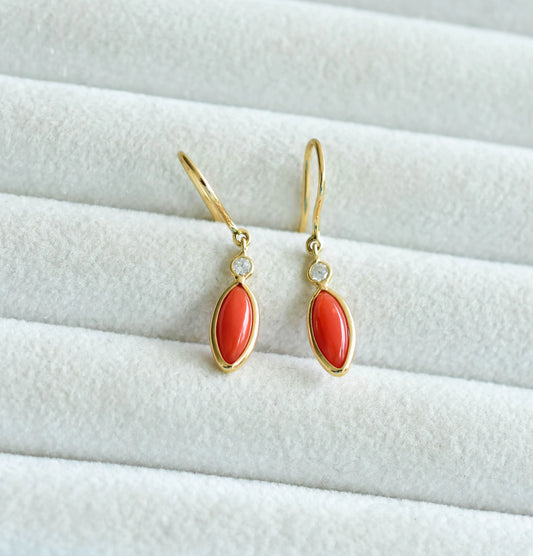 18K gold drop earrings with coral cabochon and diamond accent