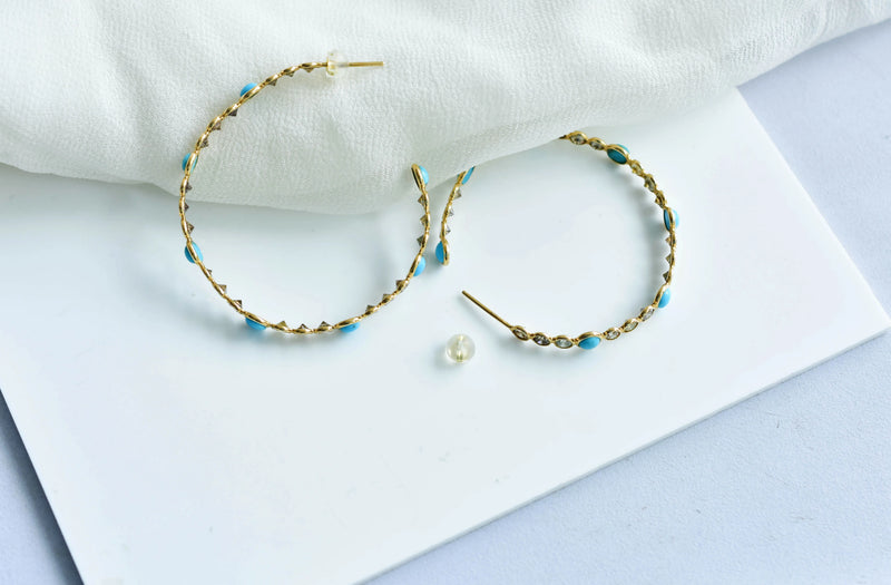 14K Gold Turquoise & Diamond Hoop Earrings