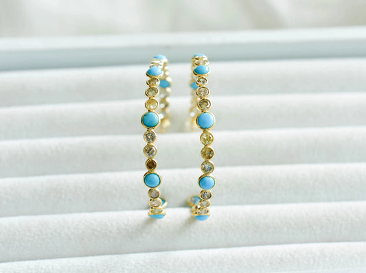 14K gold hoop earrings with turquoise cabochons and diamonds