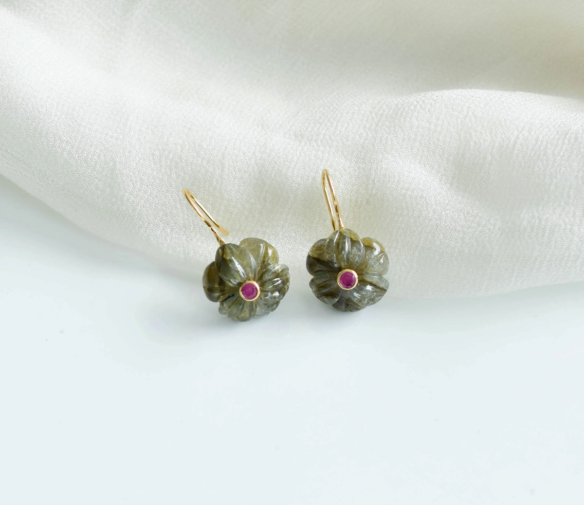 18K gold drop earrings with carved labradorite and ruby accent