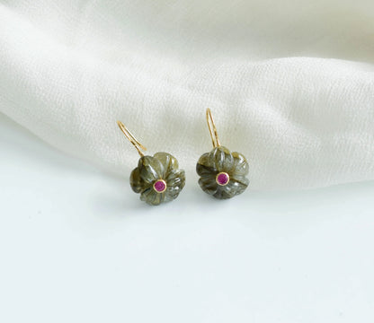 18K gold drop earrings with carved labradorite and ruby accent