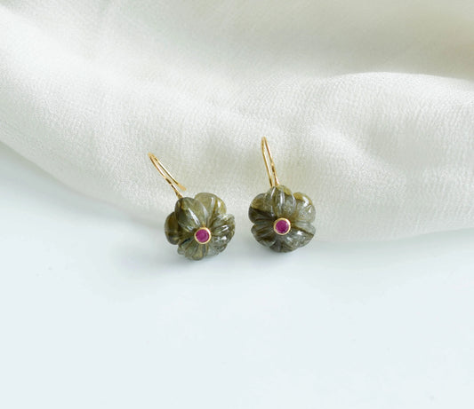 18K gold drop earrings with carved labradorite and ruby accent