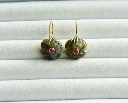 18K gold drop earrings with carved labradorite and ruby accent