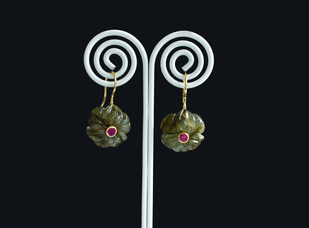 18K gold drop earrings with carved labradorite and ruby accent