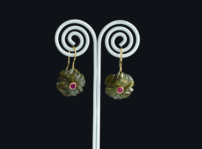 18K gold drop earrings with carved labradorite and ruby accent