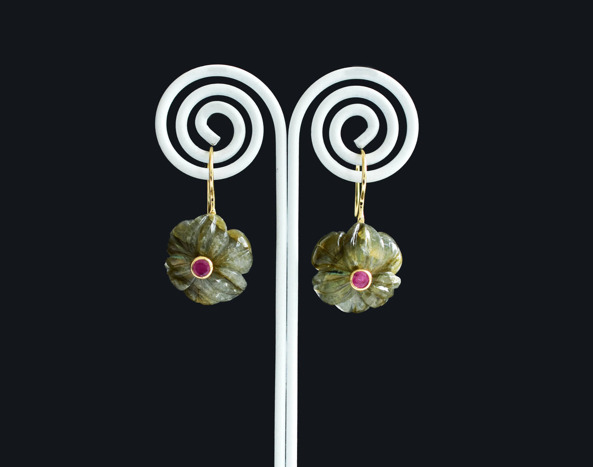 18K gold drop earrings with carved labradorite and ruby accent