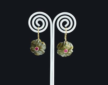 18K gold drop earrings with carved labradorite and ruby accent