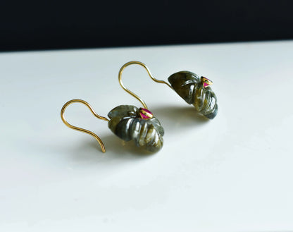 18K gold drop earrings with carved labradorite and ruby accent