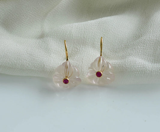 18K gold drop earrings with carved rose quartz flower and ruby center