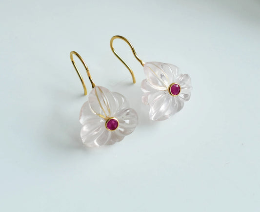 18K gold drop earrings with carved rose quartz flower and ruby center