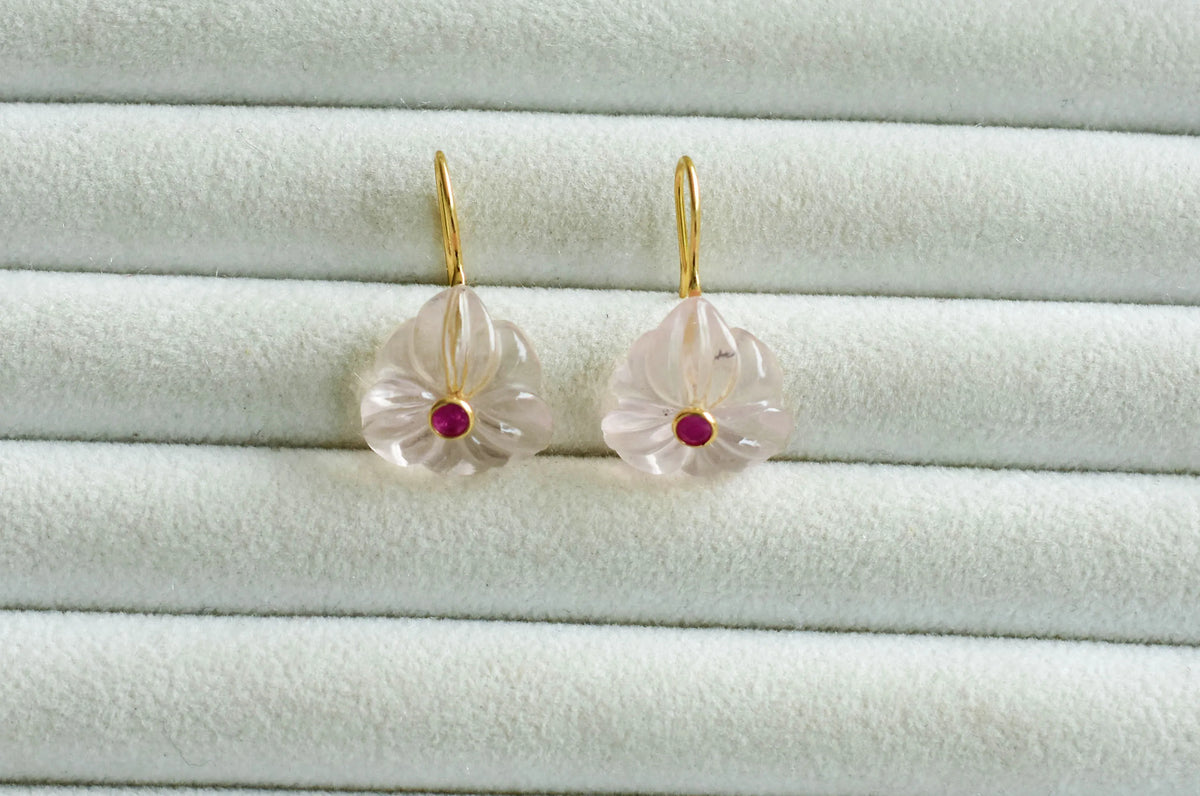 18K gold drop earrings with carved rose quartz flower and ruby center