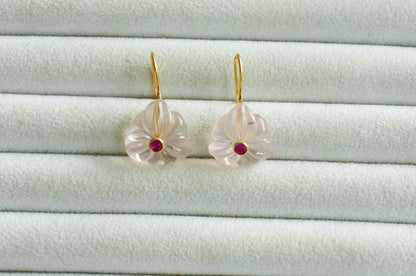 18K gold drop earrings with carved rose quartz flower and ruby center