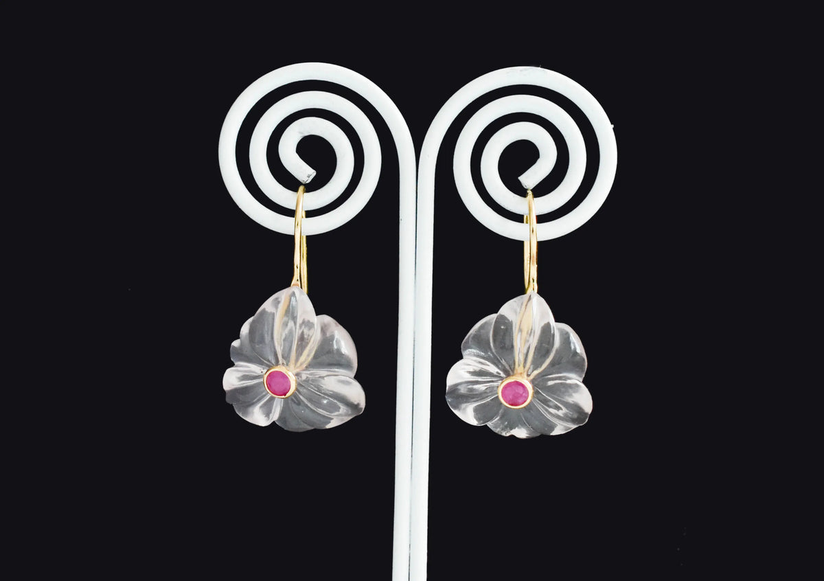 18K gold drop earrings with carved rose quartz flower and ruby center