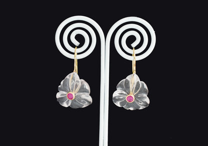 18K gold drop earrings with carved rose quartz flower and ruby center