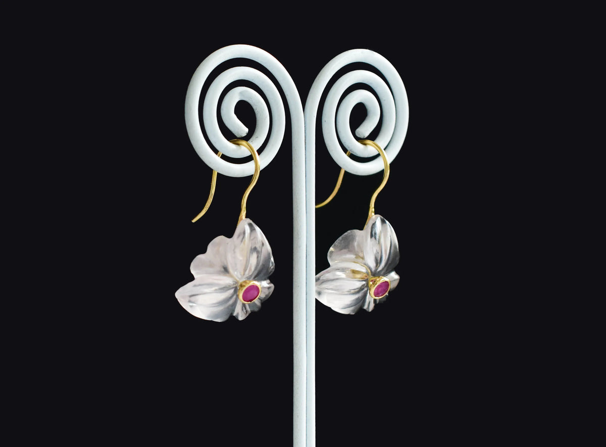 18K gold drop earrings with carved rose quartz flower and ruby center