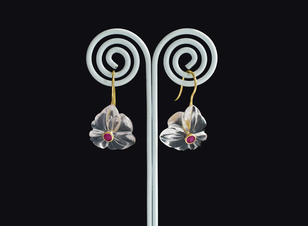 18K gold drop earrings with carved rose quartz flower and ruby center