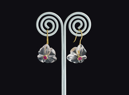 18K gold drop earrings with carved rose quartz flower and ruby center