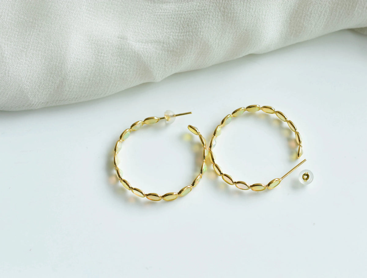 18K gold opal hoop earrings with oval cabochons
