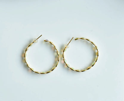18K gold opal hoop earrings with oval cabochons