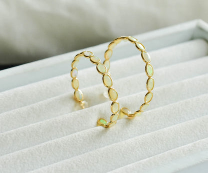 18K gold opal hoop earrings with oval cabochons