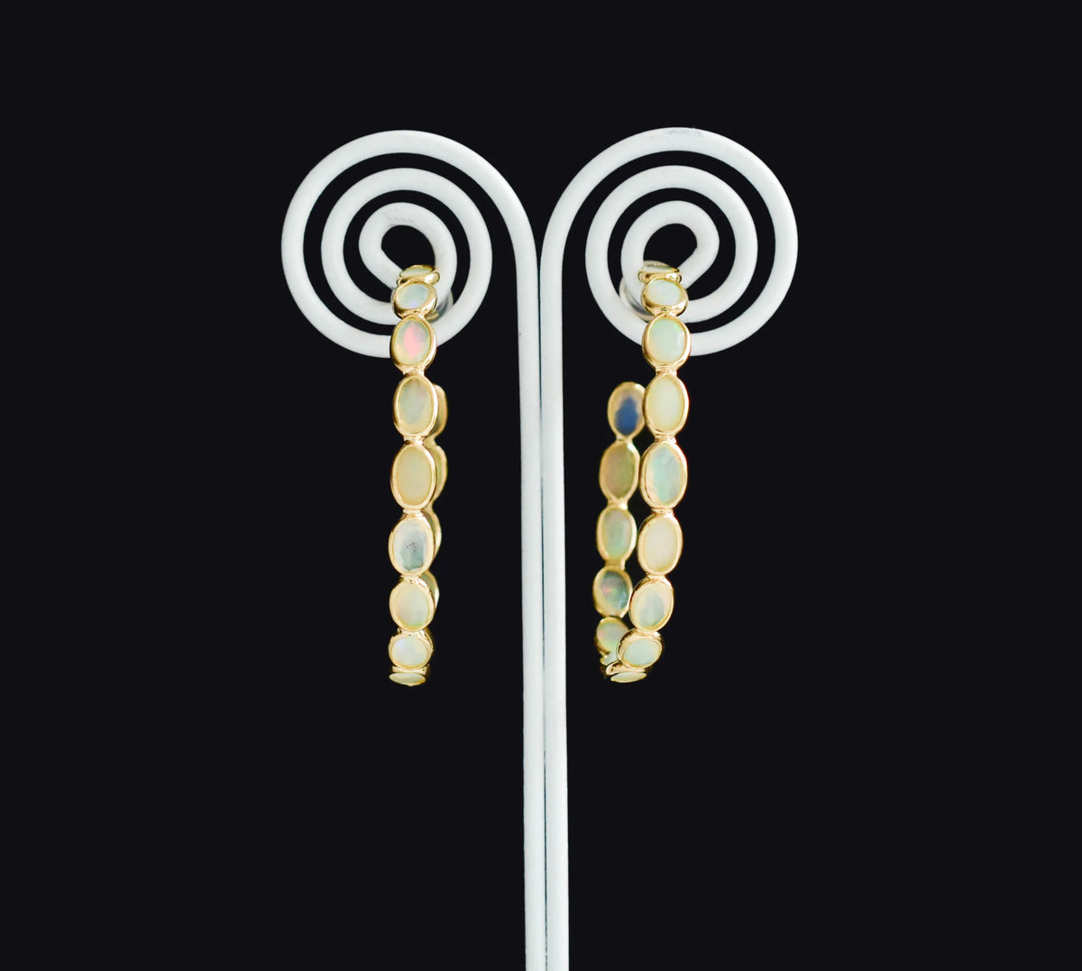 18K gold opal hoop earrings with oval cabochons